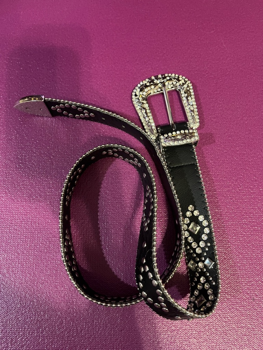 Black Women's Rhinestone Accent Belt with Silver Buckle